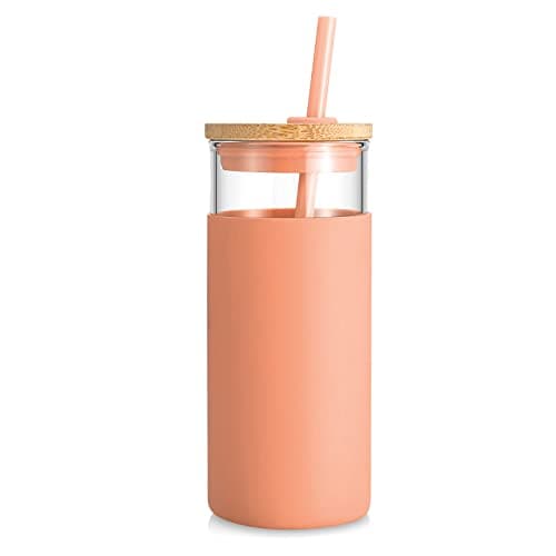Tronco 20 oz Glass Tumbler with Lid and Straw, Iced Coffee Cup and Smoothie Cup with Bamboo Lids & Protective Silicone Sleeve, Dishwasher Safe, BPA-Free, Glass Cup 1 Pack