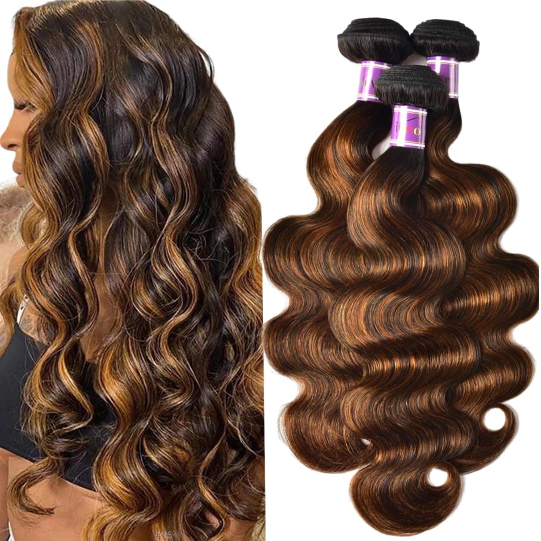 UNice Brown Highlight Body Wave Human Hair Weave 3 Bundles 8 10 12 inch Brazilian Remy Hair Ombre Blonde Human Hair Wavy Weaves Sew in Piano Color TFB30