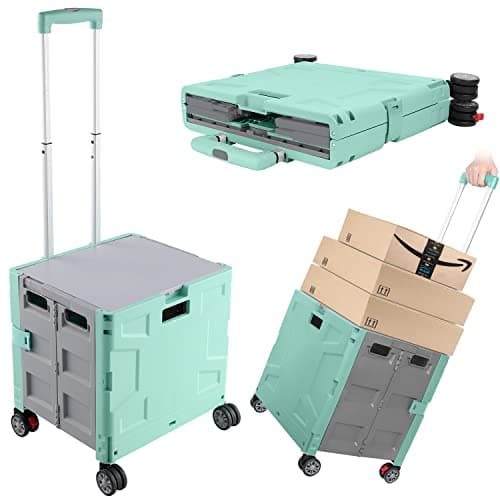 Foldable Shopping Utility Cart Portable Rolling Crate Handcart with 360Rotate WheelHidden LidTelescoping Handle Collapsible for Travel Shopping Moving Storage Office UseGreenGray