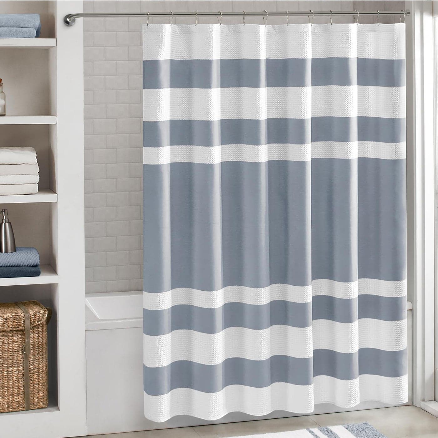 Madison Park Spa Waffle Shower Curtain Pieced Fabric with 3M Scotchgard Moisture Management Premium Spa Quality Modern Shower Curtains for Bathroom Standard 72x72 Indigo Blue