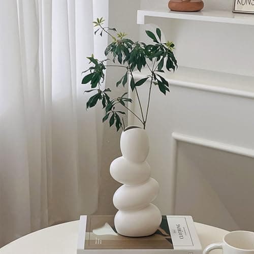 PUREZENTO 'Pebble Stack' White Ceramic Vase 8 Inch - Pack of 1 | Decorative Modern Vase for Dried Flowers & Pampas Grass | Vases for Modern Home Decor, Living Room, Office Decor Ideas