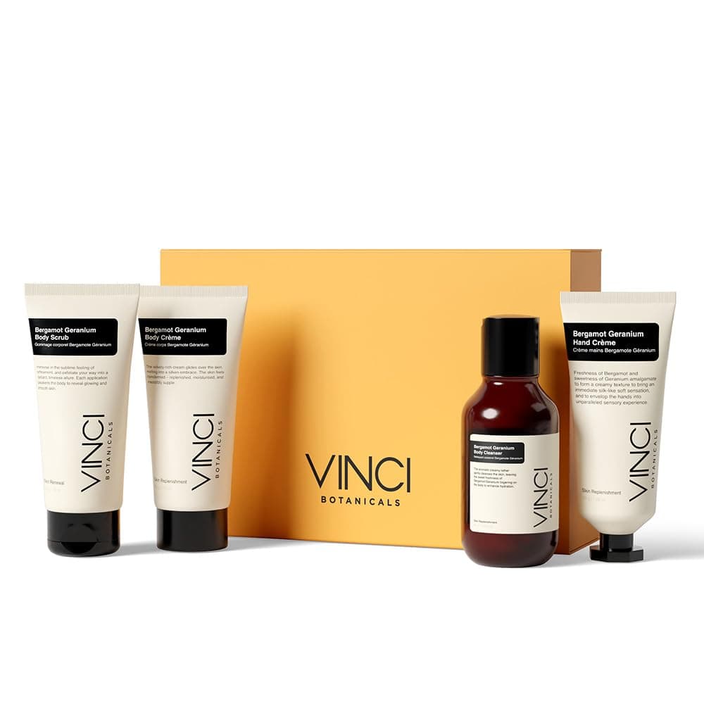 Vinci Botanicals Bergamot Geranium Gift Set Hand Cream Body Wash Body Cream Body Scrub Cleanses Polishes Hydrates Skin Fresh Sweet Aroma Travel sizes Everyday Essentials Pack of 4