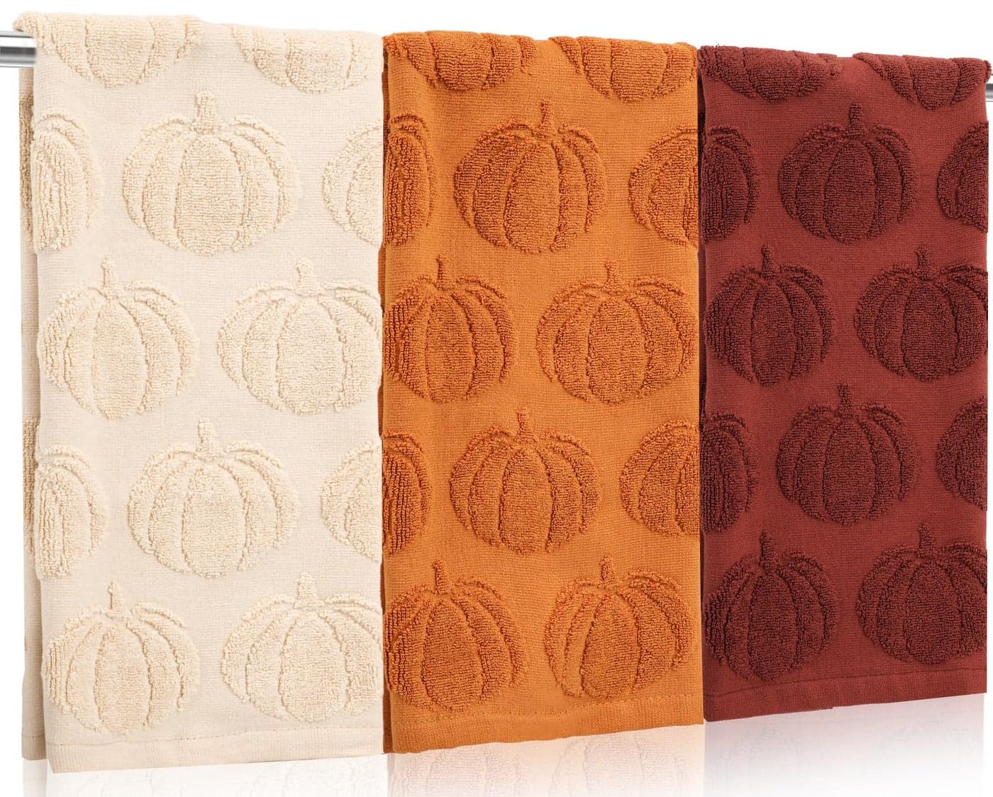 Whaline 3Pcs Fall Hand Towel Beige Orange Brown 3D Pumpkin Jacquard Cotton Towel Absorbent Dish Towels for Autumn Harvest Thanksgiving Kitchen Bathroom, 13.8 x 29.5 Inch