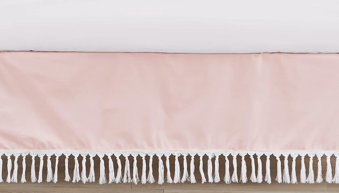 Sweet Jojo Designs Pink Boho Bohemian Girl Baby Crib Bed Skirt Nursery Dust Ruffle Solid Color Blush Pink and White Farmhouse Chic Minimalist Tassel Fringe Macrame Textured
