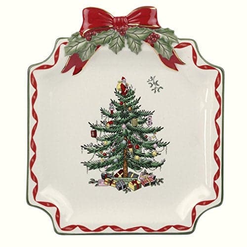 Spode Christmas Tree Ribbons Canape Platter - 6.5-Inch Holiday Serving Plate for Desserts, Appetizers, and Treats - Festive Earthenware Christmas Dinnerware with Gold Accents - Dishwasher Safe