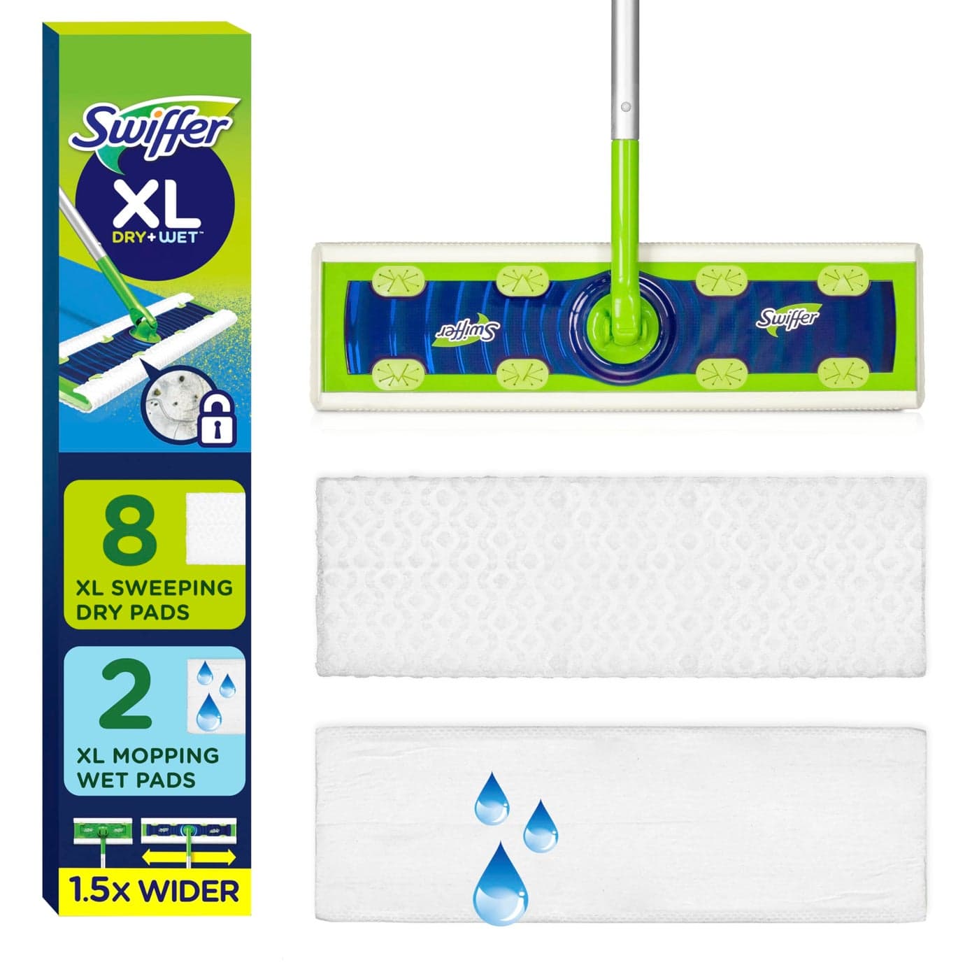Swiffer Sweeper XL 2-in-1 Dry + Wet Floor Mopping and Sweeping Kit, Multi-Surface Kit for Floor Cleaning, Kit Includes 1 XL Sweeper, 8 XL Dry Sweeping Cloths, 2 XL Wet Mopping Cloths