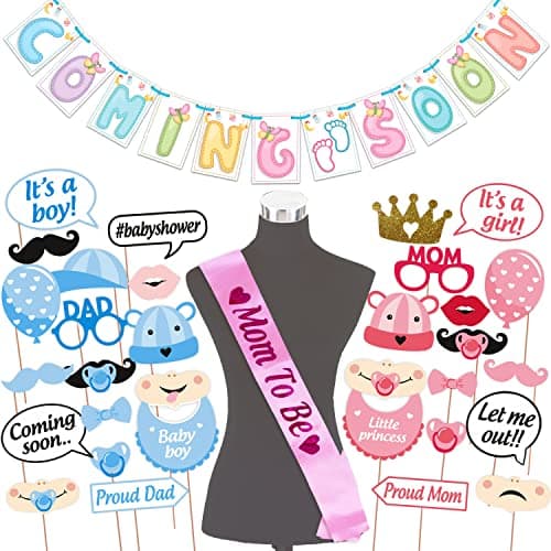 Wobbox Baby Shower Decoration Items| Baby Shower Ceremony Photo Booth Props For Photoshoot, Baby Shower Banner& Mom To Be Sash, Godh Bharai Ceremony Decoration Kit-(FP1943)