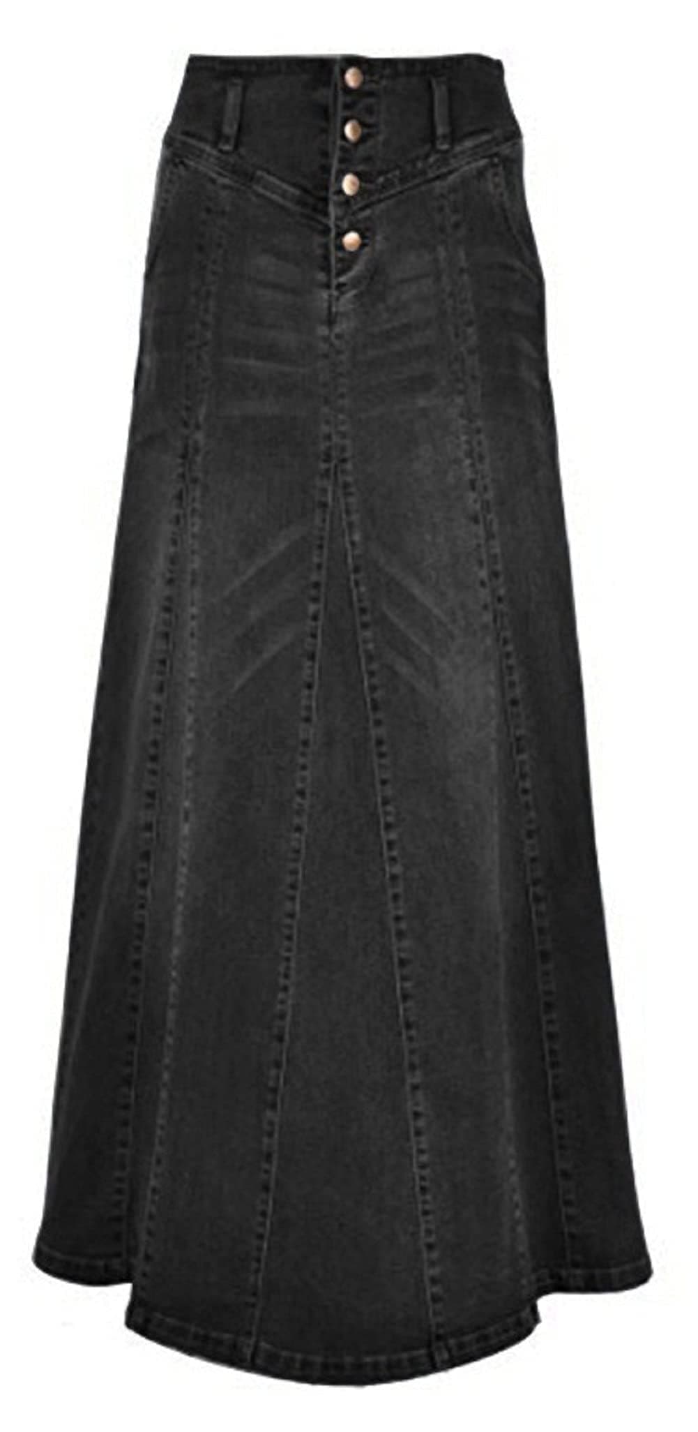 CHARTOU Womens Retro Exposure ButtonFly Packaged Hip ALine Maxi Long Denim Skirt Large Black
