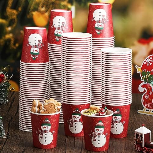 Karenhi 200 Pcs 9 oz Christmas Disposable Cups Paper Hot Chocolate Cocoa Cup Christmas Party Supplies Tea Coffee Disposable for Party Holidays Hot Cold Drinks (Snowman Style)