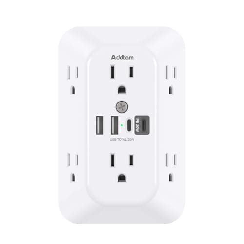 Addtam Surge Protector Outlet Extender, 6-Outlet Splitter with 4 USB Wall Charger(PD 20W), Multi Plug Wall Outlet 1800J Power Strip for Home Office Dorm Room Essentials, White