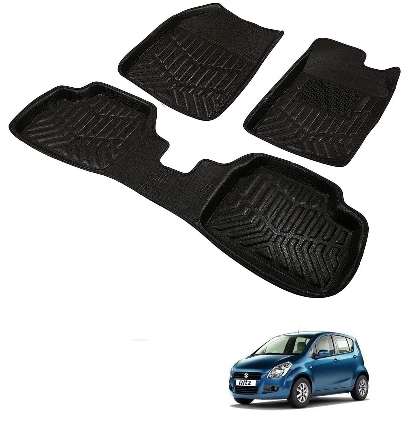 Aaddish Car 3D Plastic Foot Mats for Front and Rear Compatible with Maruti Suzuki Ritz | Complete Set of 3 Pcs Car Floor Mats, Premium Car Accessories, Tray Shape 3D Foot Mats, Washable, Black