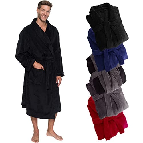 Ross Michaels Mens Robe Shawl Collar Wrap Style - Mid Length Plush Fleece Bathrobe (Black, Small/Medium)