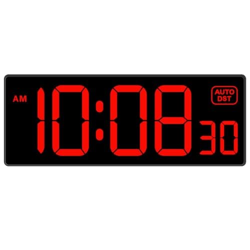 Soobest LED Digital Wall Clock, Large Digital Clock Bold Numbers with Seconds for Seniors Visually Impaired,Plug Electric Clock Dimmable Auto DST Large Display 10 Inches (Red)