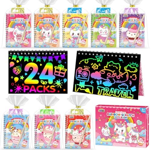 ZMLM Easter Basket Stuffers 24 Pack Birthday Party Favors for Kids 48 Rainbow Scratch Art Notebook Paper Goodie Bags Stuffers for Kids Bulk Classroom Gifts Student Prizes Teacher Kindergarten