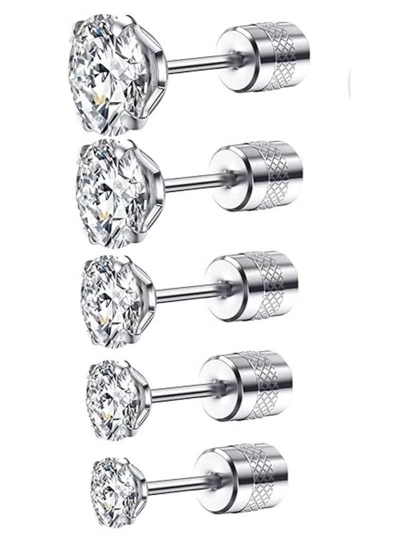 5 PCS Stud Earrings Set, Hypoallergenic Cubic Zirconia 316L Earrings Stainless Steel CZ Earrings 3-7mm (Steel color)