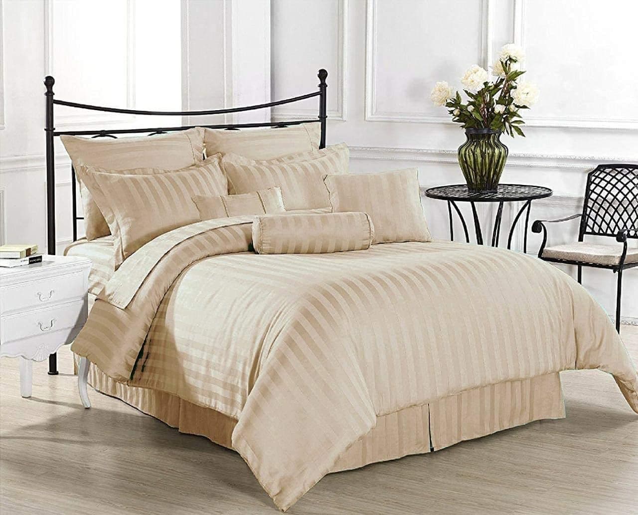 Shri Anand Creations Premium Satin Stripe Plain Solid Duvet Cover/Quilt Cover/Comforter Zipper Cover/Rajai Cover For Home, Hotel And Resorts. (Double, Cream),300 TC