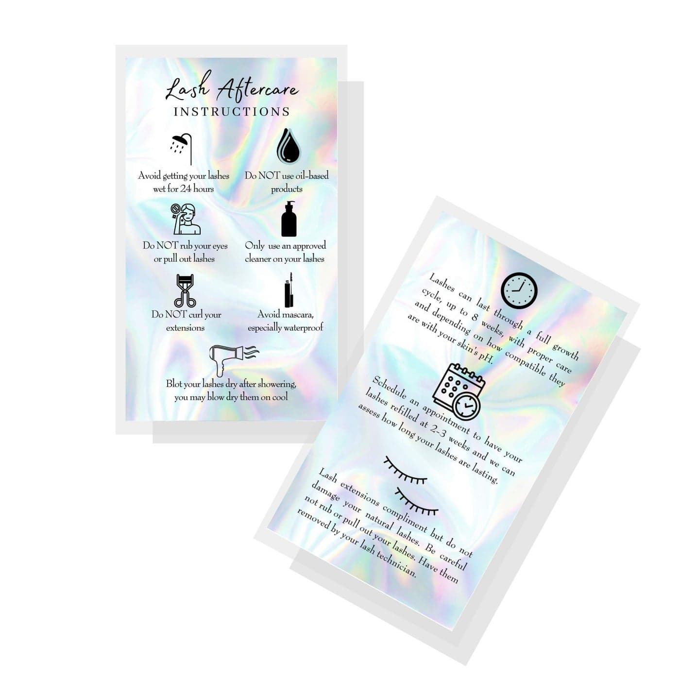 Lash Extension Aftercare Cards 50 Pack Business Card Size 35 x 2 inches After Care 23 Week Fillers NonReflective Matte Rainbow Holographic Look Design