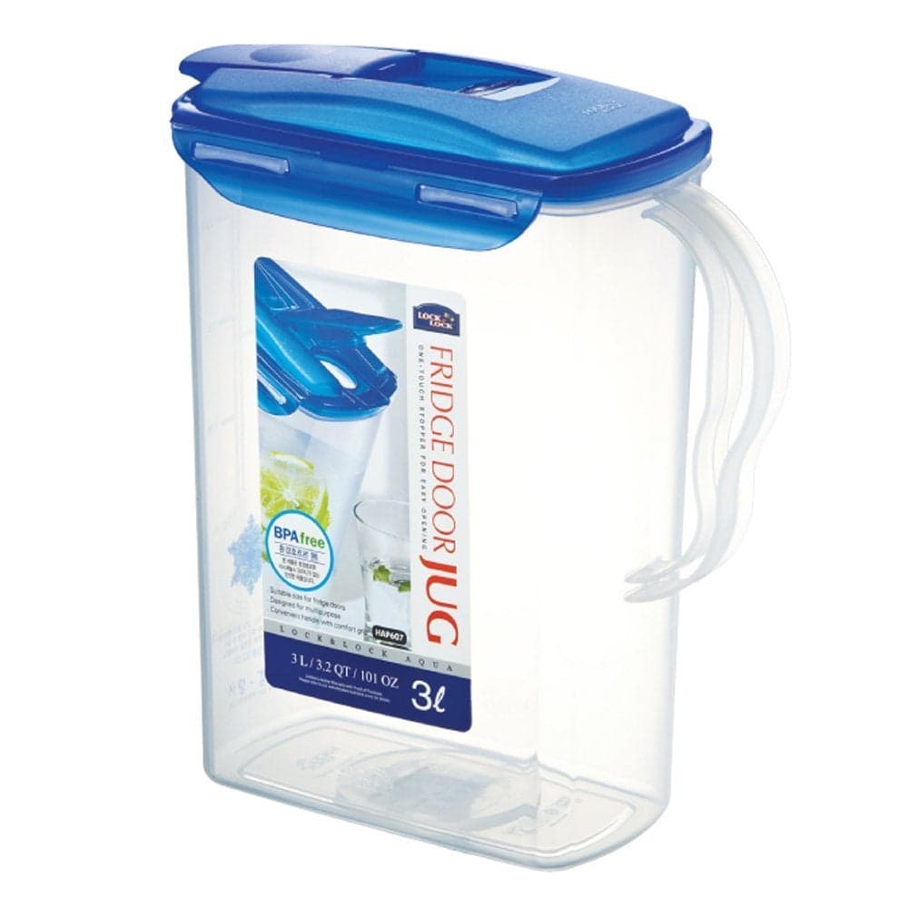 LocknLock Aqua Fridge Door Water Jug with Handle BPA Free Plastic Pitcher with Flip Top Lid Perfect for Making Teas and Juices, 3 Quarts, Blue