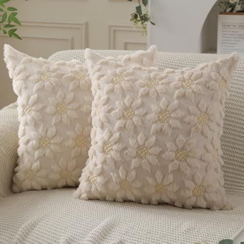 DFXSZ Spring Summer Pillow Covers 20x20 inch Set of 2 Farmhouse Decor Yellow Flower Heart Sunflower Beige Soft Plush Faux Fur Jacquard Throw Pillows for Sofa Holiday Spring Home Decor PTK024E20