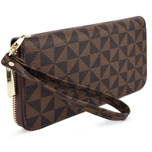 Veki Women's Wallet Monolayer Zipper Pocket Wallets with Wrist Strap, Leather Credit Card Purse for Women Men (Monolayer-Brown)
