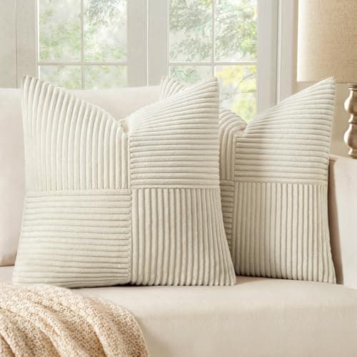 MIULEE Beige Corduroy Pillow Covers Pack of 2 Boho Decorative Spliced Throw Pillow Covers Soft Solid Couch Pillowcases Cross Patchwork Textured Cushion Covers for Living Room Bed Sofa 18x18 inch