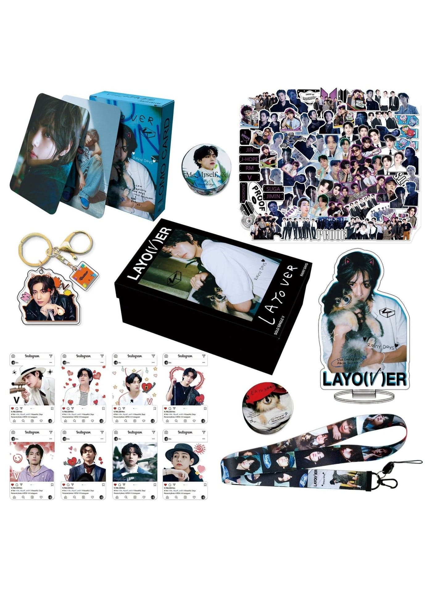 Bts Member V Solo Al Layover Gift Box With Lomo Cards, Acrylic Stand, Hand Account Tape, Keychain, Lanyard, Stickers, Photo Card