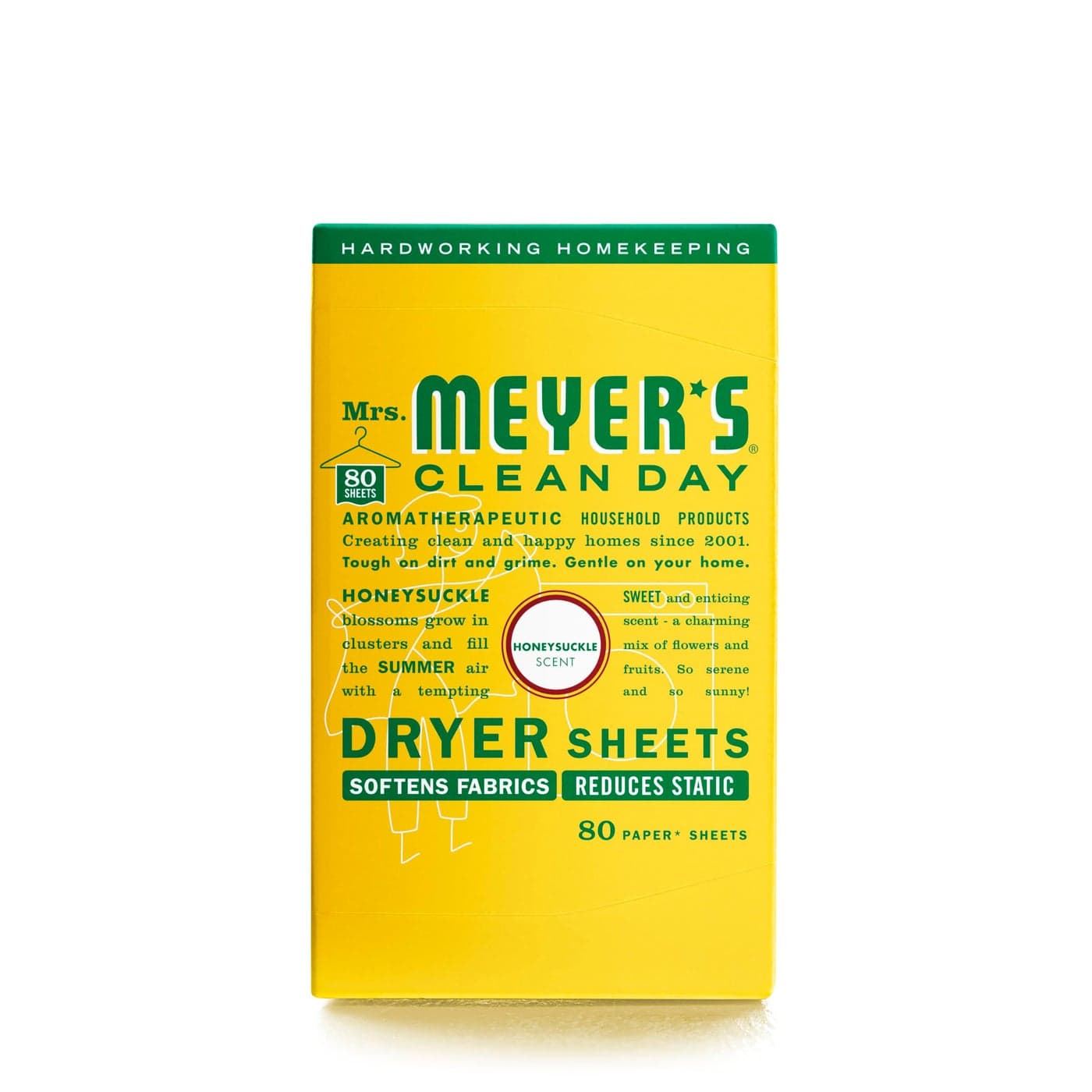MRS MEYERS CLEAN DAY Dryer Sheets Fabric Softener Reduces Static Infused with Essential Oils Honeysuckle 80 Count