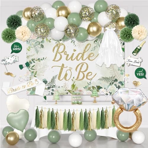 Bridal Shower Decorations Sage Green Bachelorette Party Decorations Bride to Be Banner Backdrop Sash Veil Confetti Foil Balloons Tassel Paper Pom Poms Photo Props for Engagement Wedding Party Favors