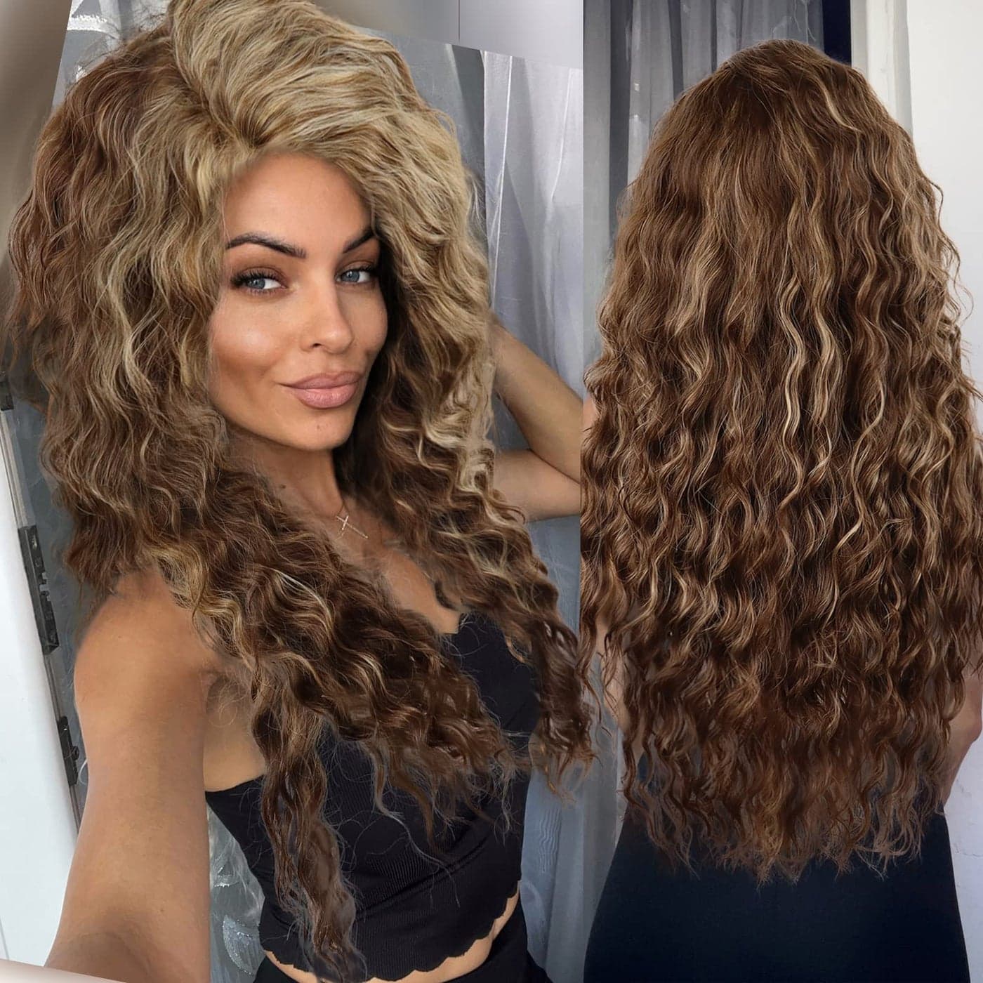 GNIMEGIL Long Wavy Wigs for Women Brown Mixed Blonde Ombre Curly Wig with Loose Part Wave Fluffy Hairline Natural Looking Hair for Daily Party Halloween Costume Fashion Style Synthetic Wigs