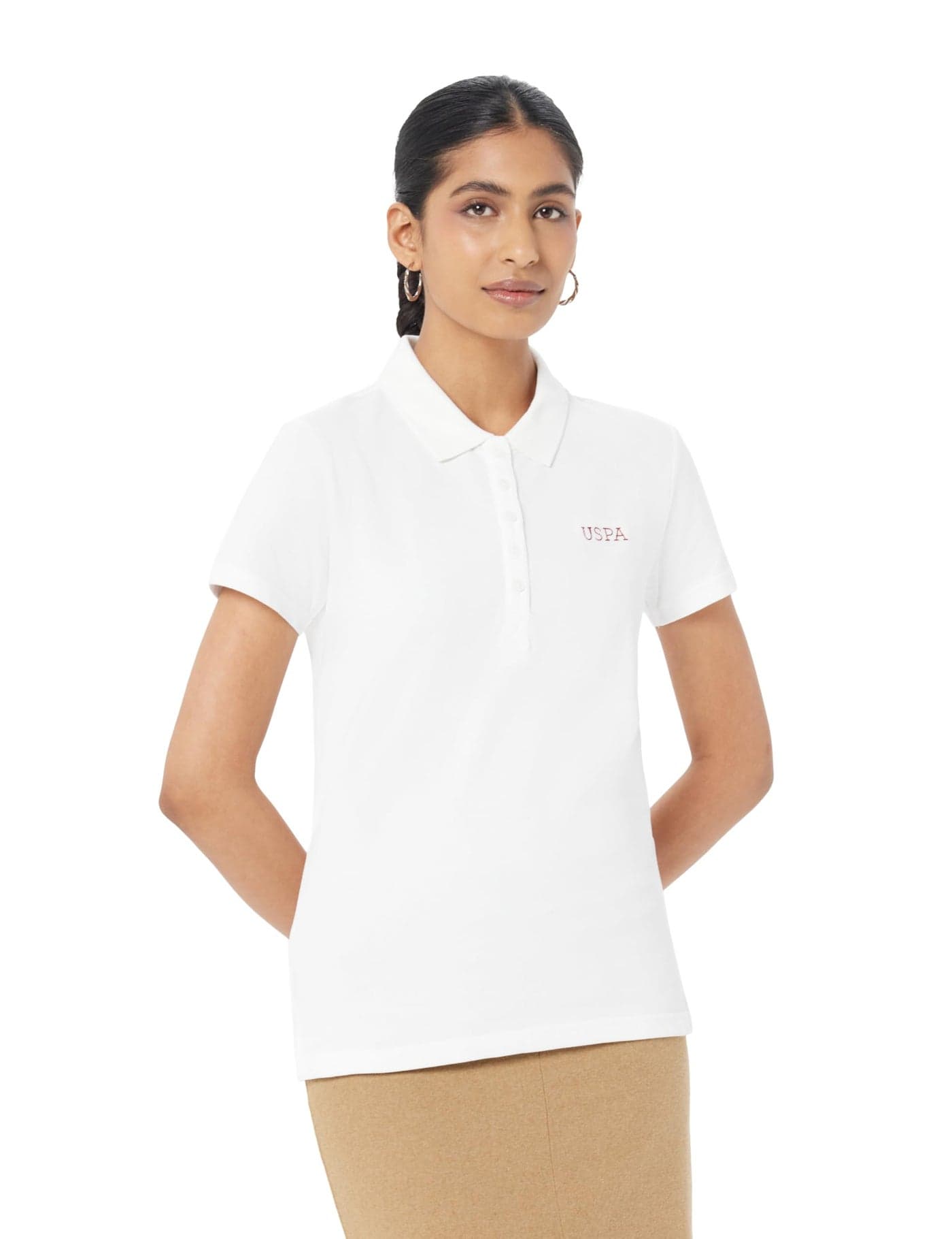 U.S. POLO ASSN. Women's Cotton Regular Fit Rice Stitch Logo Polo Shirt (UWSS24PTS064_White_L)