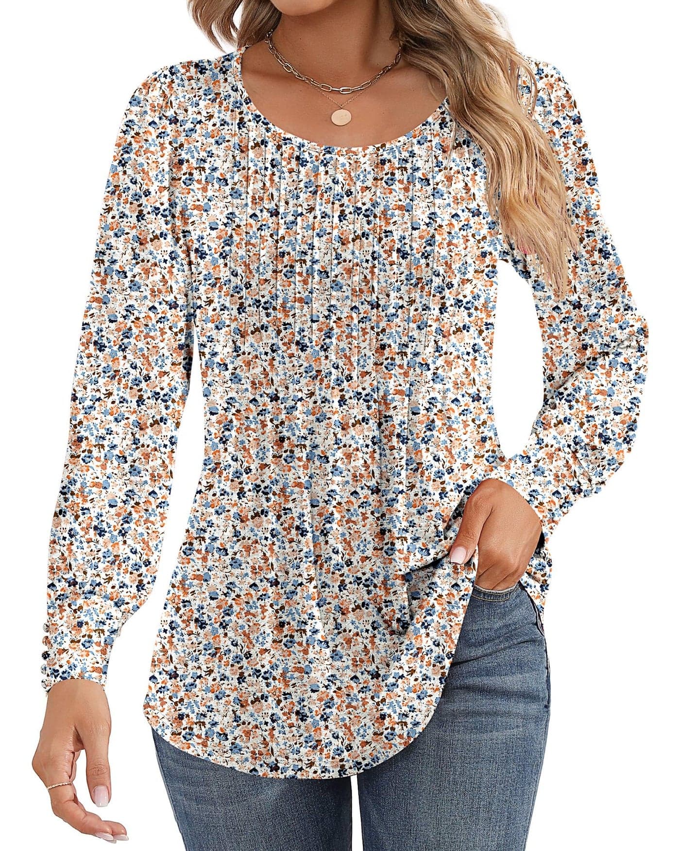 Ficerd Womens Puff Long Sleeve Tunic Tops Pleated Crew Neck Blouses Dressy Casual Loose Fit Fall and Winter ShirtsXLargeFloral White Blue