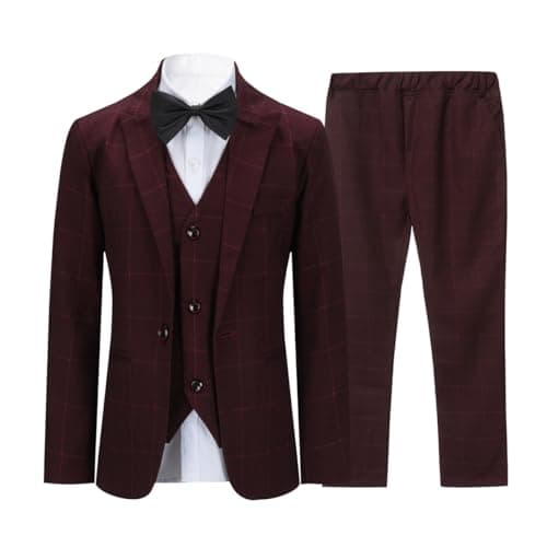SWOTGdoby Boys Plaid Suits 3 Pieces Suit Set Blazer Vest Pants Formal 7 Colors for Wedding Party Red