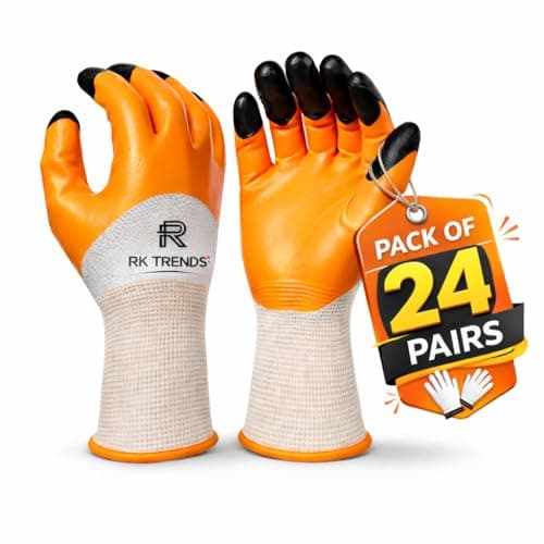 RK TRENDS Safety Gloves - Nylon Nitrile Coated Industrial & Home Cut Resistant Hand Gloves. (Pack of 24 Pairs, Orange (Double Coated))
