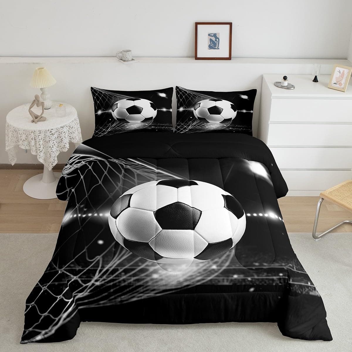 Football Print Bedding Set Boys Black White Soccer Ball Comforter Set For Kids Children Teens Sports Theme Game Competition Comforter 3D America Football Duvet Set Bedroom Decor Quilt Set 2Pcs Twin