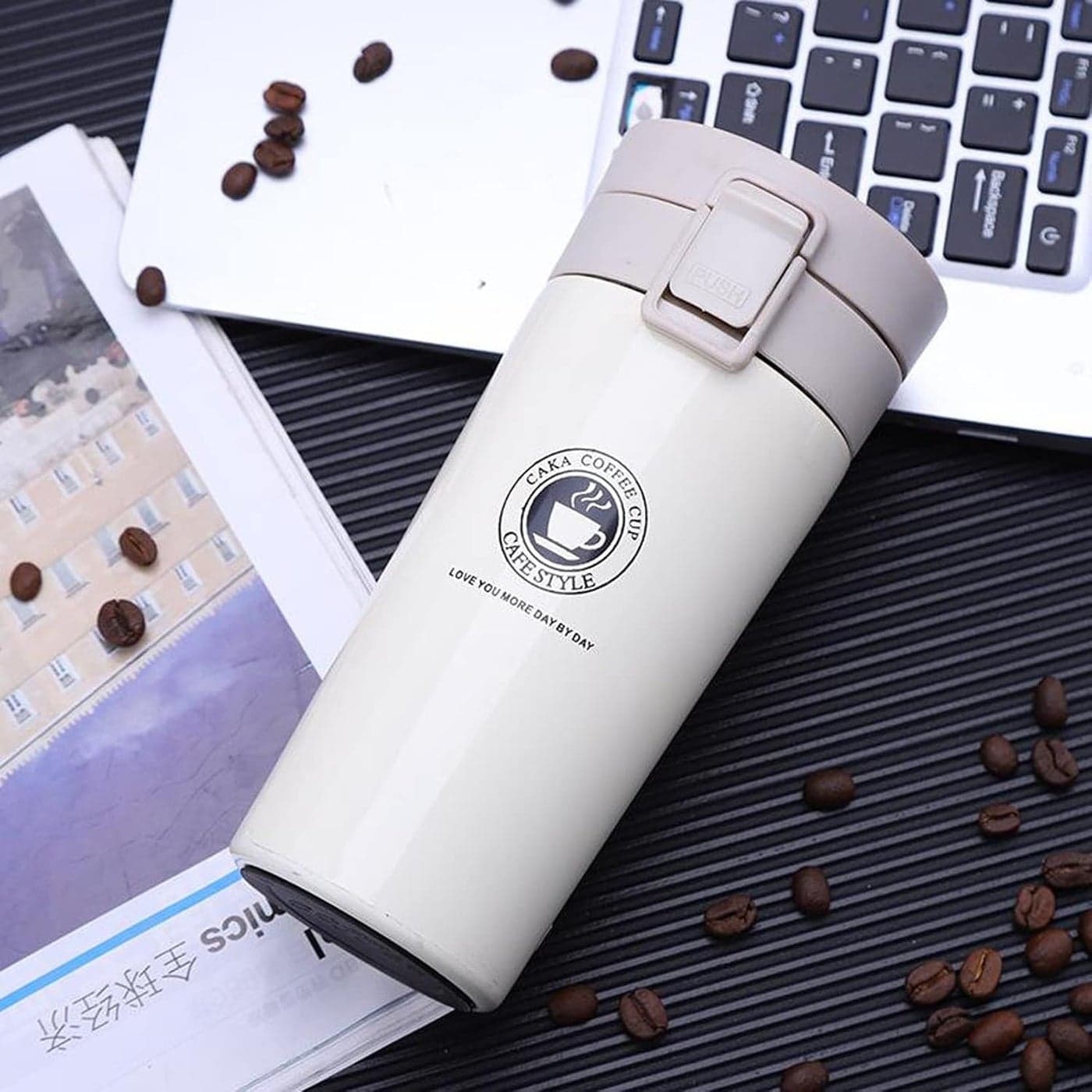 ARURA LABEL Double Wall 380ML Vacuum Insulated Stainless Steel Tea Coffee Mug Thermos Flask Travel Mug Tumbler with Flip Lid Mesh Strainer Hot and Cold for 6 Hours Random Color