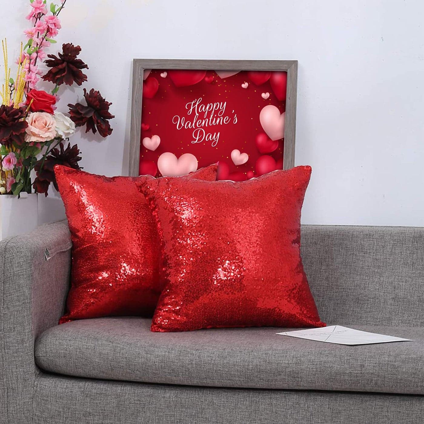 Eternal Beauty Set of 2 Sequin Decorative Pillow Cover Red Throw Pillow Covers for Couch Sofa Throw Pillows Valentines Day 18 X 18 Inches