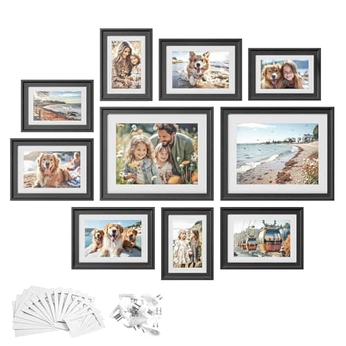 SONGMICS Picture Frames with 16 Mats, Set of 10 Collage Photo Frames, Two 8x10, Four 5x7, Four 4x6 Frames, Hanging or Table Display, Glass, 12 Non-Trace Nails, Ash Black URPF049B01