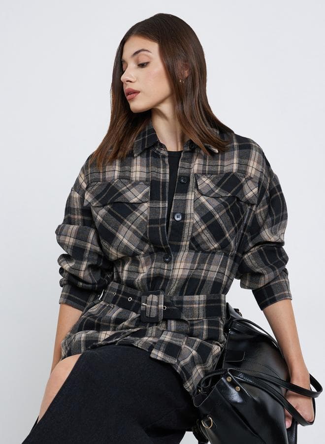 Styli Black Longline Checked Print Shirt — M