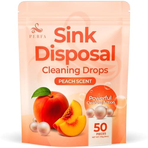 Sink Garbage Disposal Cleaner 50-Count | Easy-Use Garbage Can Odor Eliminator with Powerful Cleaning Action | Peach Scented Sink Drain Cleaner and Sink Smell Eliminator | Quality Home Living by Perfa