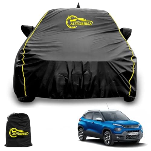AUTOBIRSA Waterproof Car Body Cover Compatible with Tata Punch Car Cover with Mirror & Anteena Packets Dust Proof & Belt with 4 Side Elastic Black Colour & Yellow Piping Style