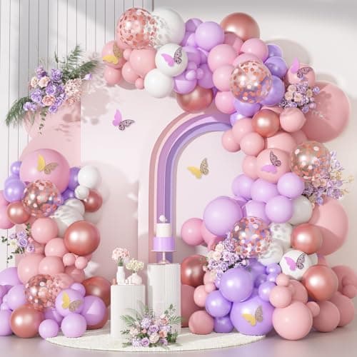 151PCS Pink Balloon Garland Arch Kit Rose Gold White Pink and Purple Balloons Confetti Latex Balloons Butterfly Stickers Decorations for Birthday Party Wedding Baby Bridal Shower Decorations