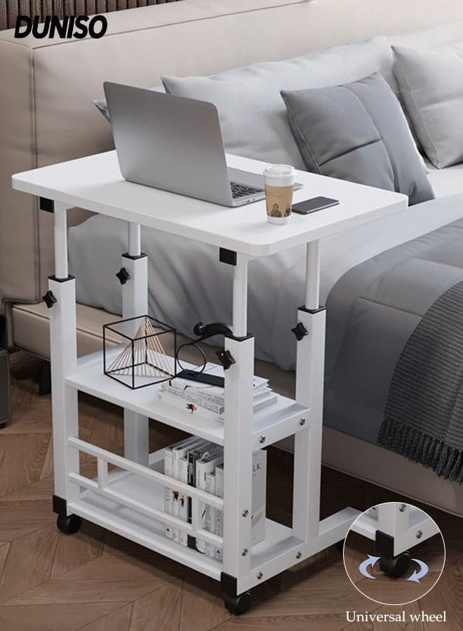 Mobile Standing Desk, Lifted Height Adjustable Bedside Laptop Desk ,Multifunctional Side Table Computer Desk on Wheels Movable with Storage, Student Small Standing Laptop Desk (White)