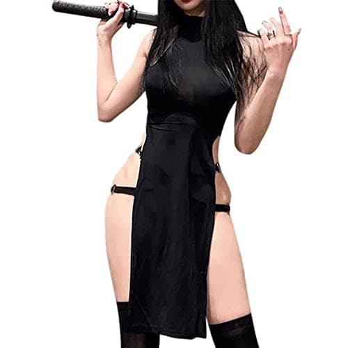 JasmyGirls Anime Lingerie Sexy Devil Cosplay Costume Halloween Ninja Roleplay Outfit High Slit Babydoll Dress Goth Tank Dresses