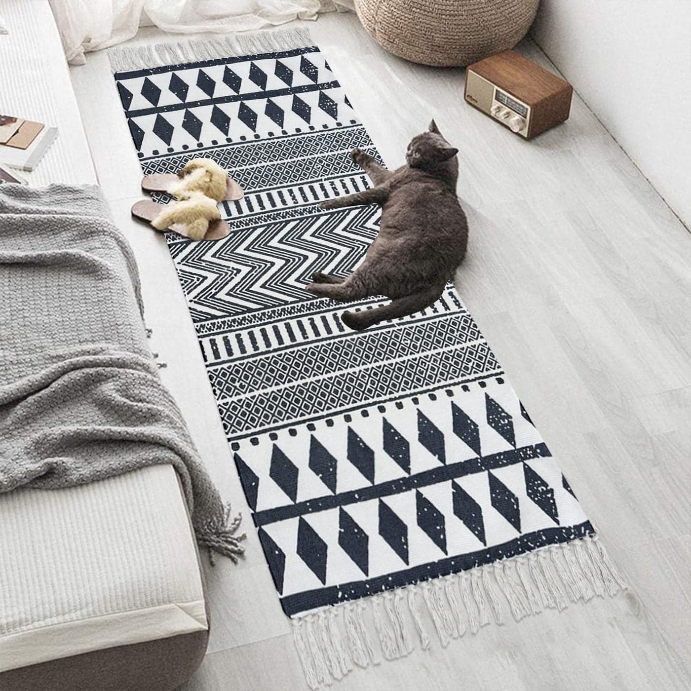 USTIDE Ultra Long Cotton Area Rug with Tassel Hand Woven Printed Rug Kitchen Runner Washable Mat Entryway for Bedroom Kitchen Laundry Room 23ftx6ft Black and Cream
