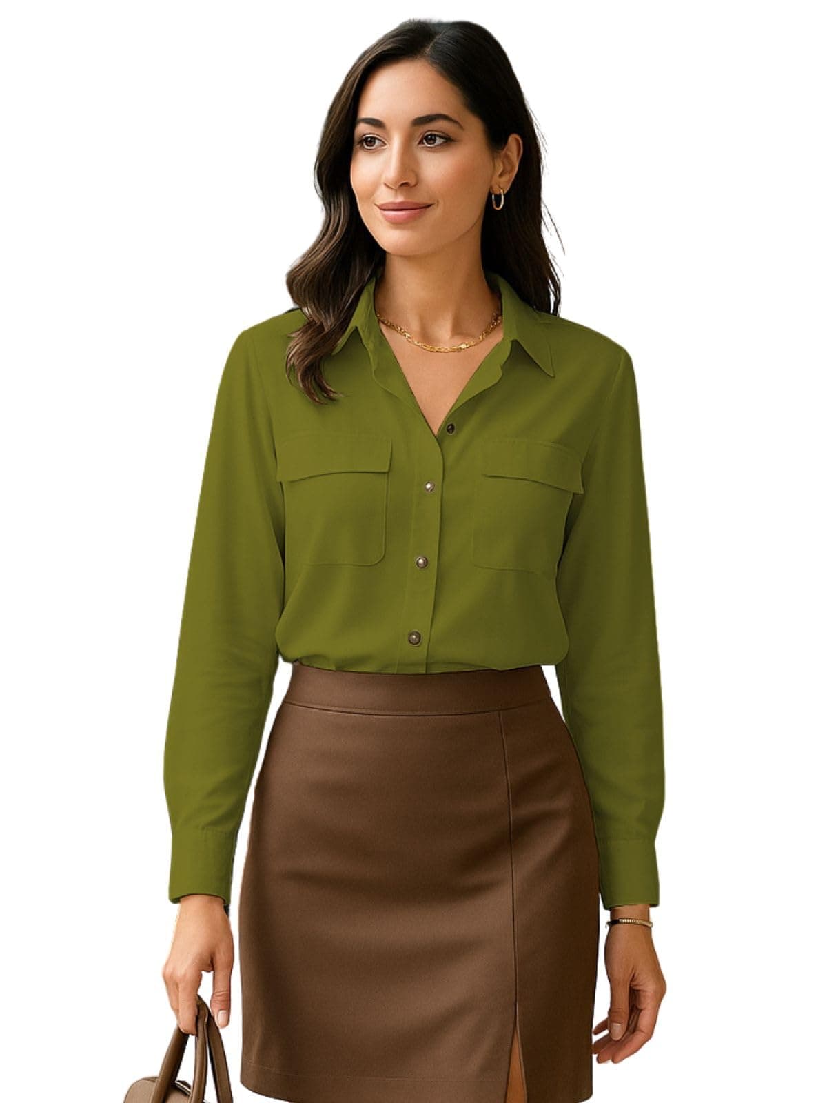 GRECIILOOKS Women's Regular Fit Western Shirt (GL-W2215_Army Green