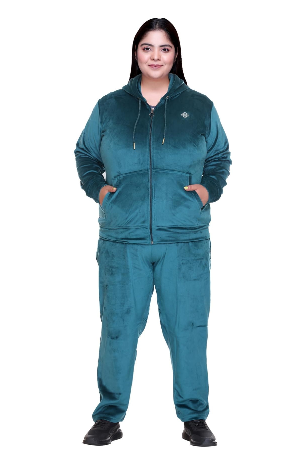 In Love Women's Stylish Zipper Velvet Plus Size Longline Winter Wear Track Suit Night Suit Co-Ord Set