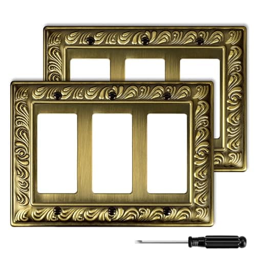 Antique Brass Decorative Wall Plate Light Switch Cover Decorator Outlet Covers Rocker Switch Plates Metal Material Wall Plates for Kitchen Bathroom (3 Gang Triple Decorator-2 Pack)