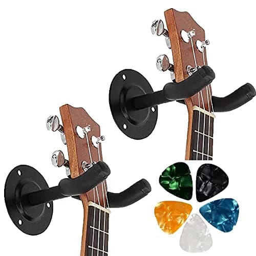 Bee Pack of 2 Wall Mount Guitar Stands with 4 Celluloid Picks | Display Hanger Hook Holder for Acoustic Electric Bass Mandolin Ukelele | Anti-Scratch Bracket with Soft Sponge Cover - Black