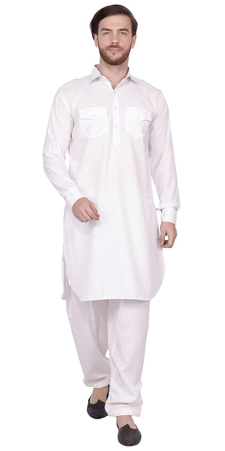 Royal Kurta Mens Cotton Pathani Suit (42, White)