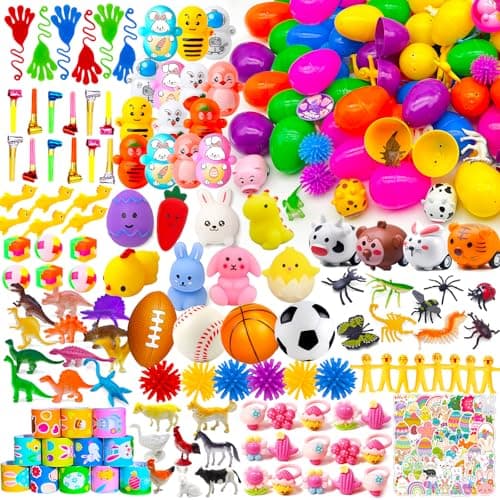 GOAUS Easter Egg Fillers Party Favors for Kids 220 pcs Small Toys and 100 Eggs Easter Bag Stuffers Prizes for Filling Stuffing